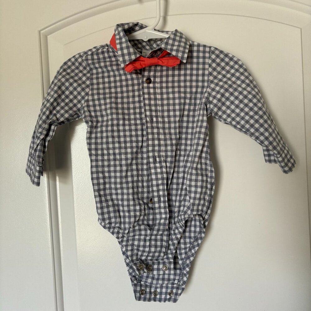 Carter's Grey & White Plaid Dress Shirt w/ Salmon Bow Tie, 9 month